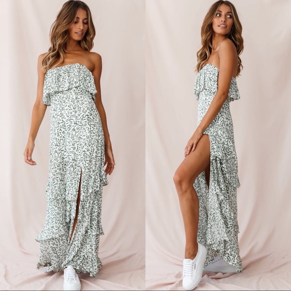 Hello Molly Layered Bandeau Maxi Dress White Leaf Print
